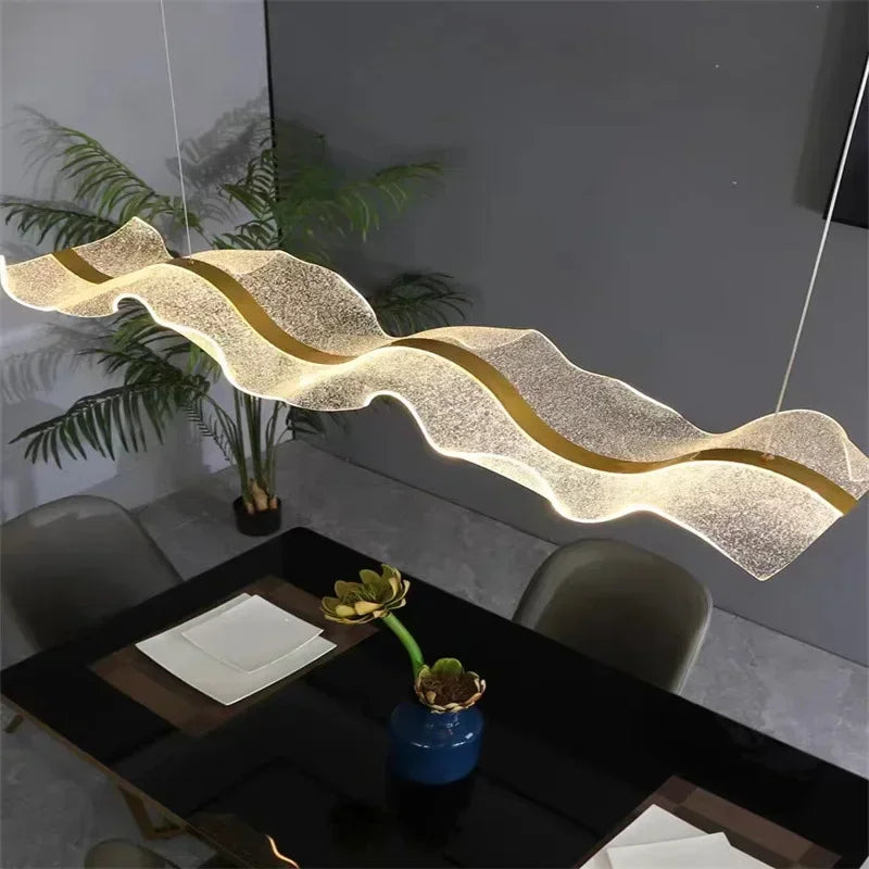 Suspension Cuisine Vague Acrylique Dorée LED, 100 ou 120 cm