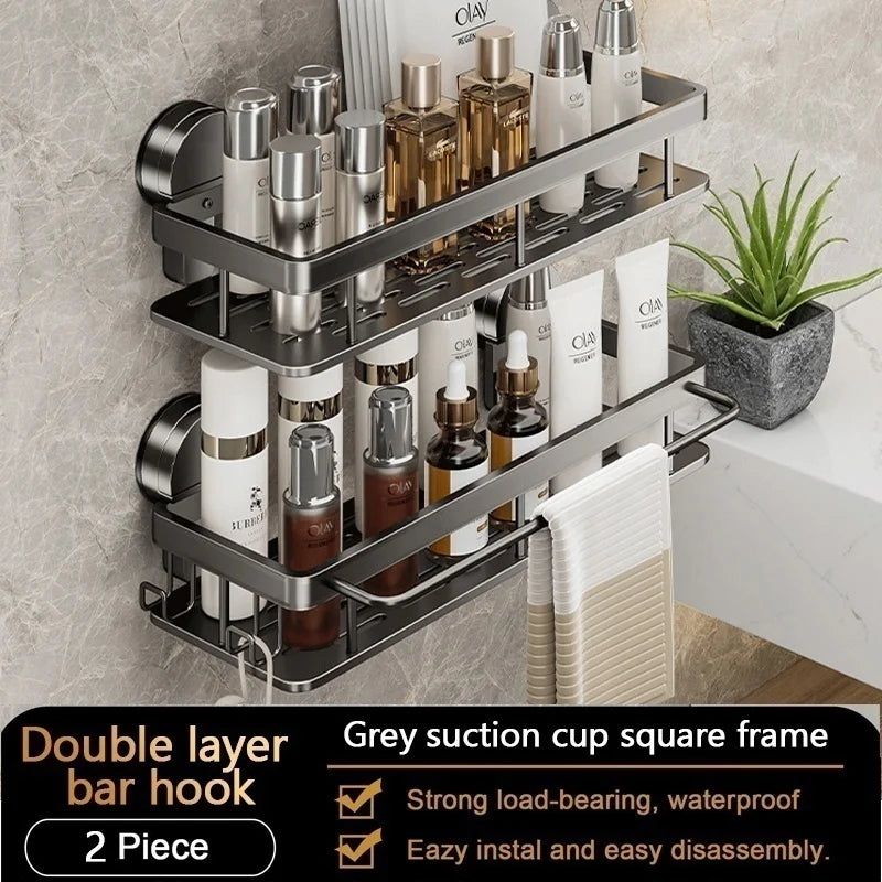 Étagère Salle de Bain Aluminium Gris à Ventouses, 1 ou 2 Plateaux
