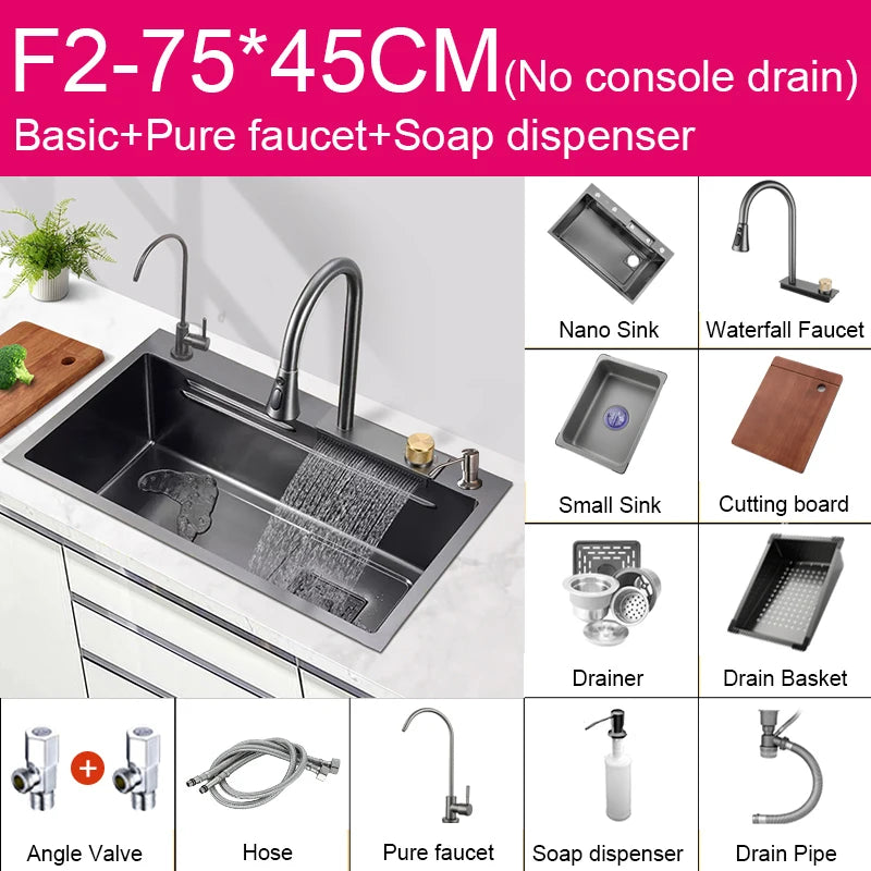 Évier de Cuisine Multifonction Cascade Noir avec Lave-Tasse