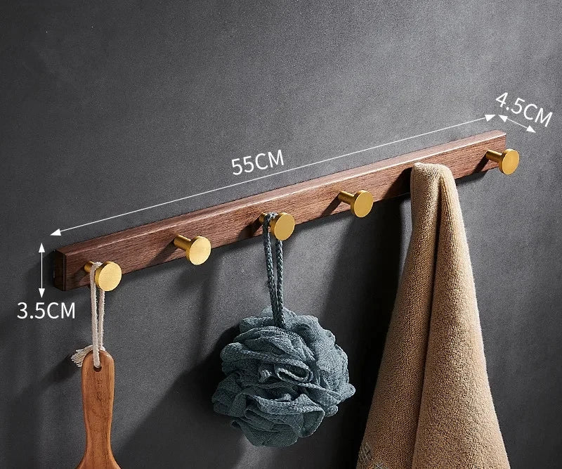 Patère Murale Bois et Aluminium Doré Brossé Multi-Crochets