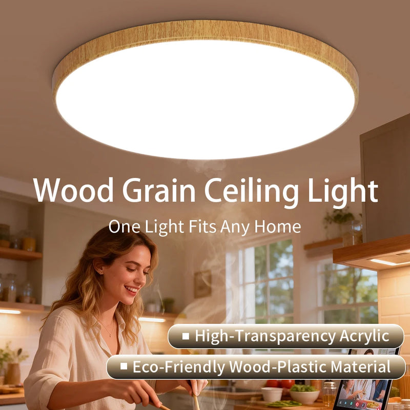 Plafonnier Cuisine LED Rond Grain de Bois Ultra-Plat, 18 à 50 W, 4 Finitions