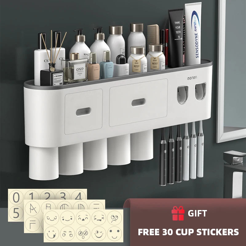 Porte-Brosse à Dents Magnétique avec Presse-Dentifrice et Étagère Murale