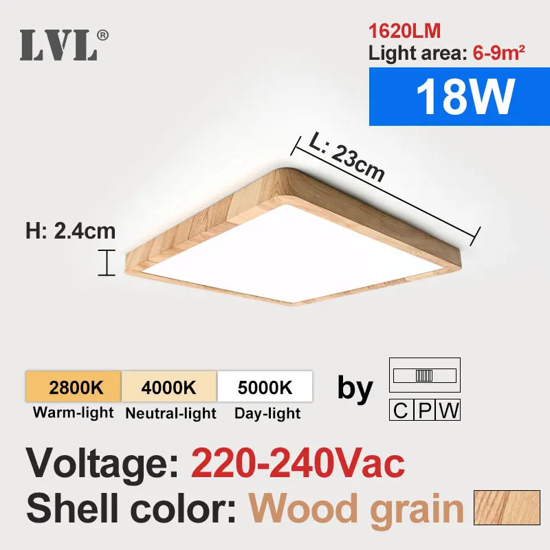 Plafonnier LED Carré Cuisine Effet Bois 18W ou 24W 3 Teintes Réglables