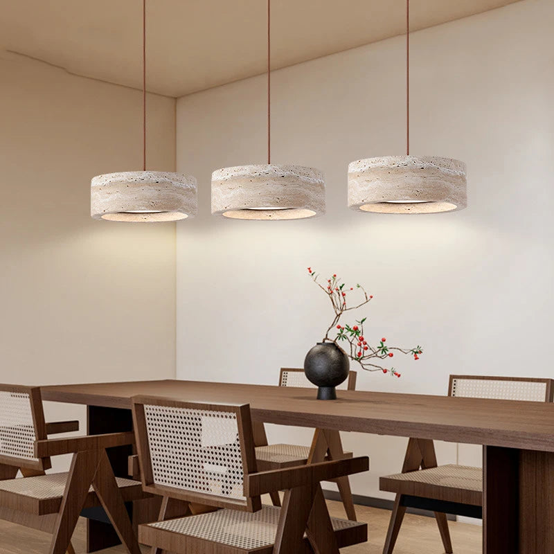 Suspension Cuisine Travertin Naturel Wabi-Sabi, 1 à 3 Têtes, Ø 20 cm