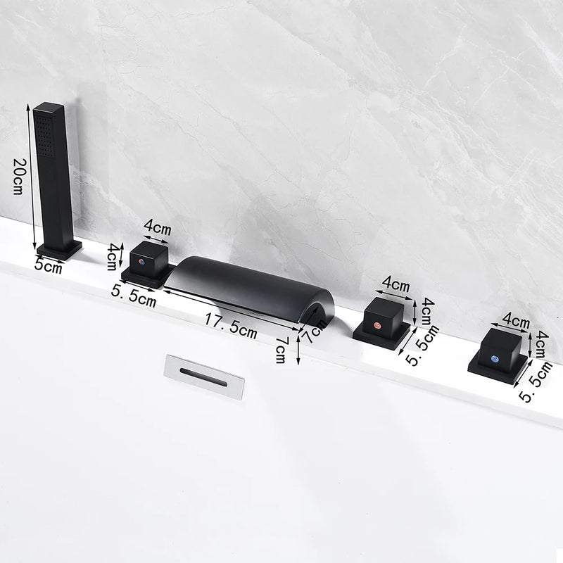 Robinet Baignoire Cascade LED Noir sur Rebord, 5 Trous avec Douchette