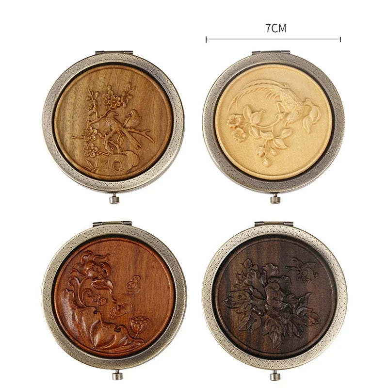 Miroir de Poche Rond en Bois Sculpté, Style Vintage, 5 Motifs