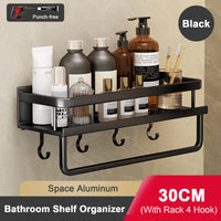 Étagère Salle de Bain Aluminium Sans Perçage Noir ou Gris avec Crochets, 30 à 50 cm