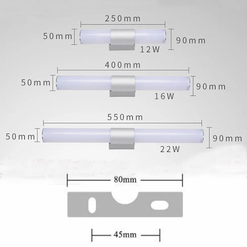 Applique Miroir Salle de Bain LED Tube Rond ou Carré, 25, 40 ou 55 cm
