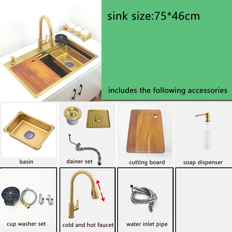Évier Cuisine Inox 304 Doré Brossé 1 Bac Multifonction, 68 ou 75 cm