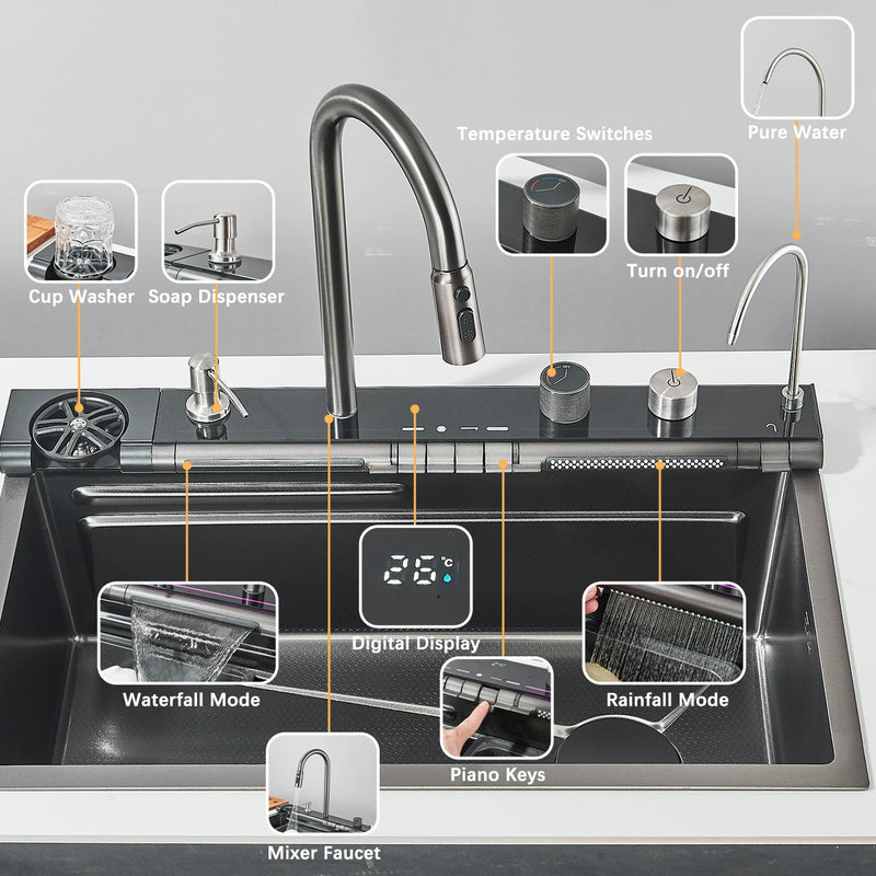Évier Cuisine Inox Noir 1 Bac Cascade Rince-Verre, 60 ou 75 cm