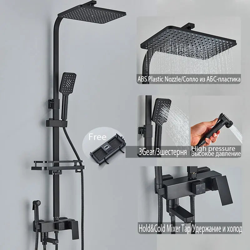 Colonne de Douche Réglable 73 à 116 cm avec Étagère, Noir, Chromé ou Doré