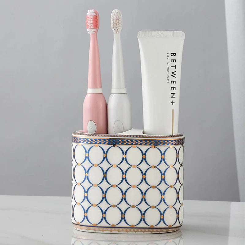 Porte-Brosse à Dents et Dentifrice Céramique Ovale, 4 Décors, 11 cm