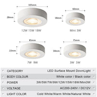 Downlight LED Cuisine en Saillie Ultra-Fin, Noir ou Blanc, 3 à 18 W