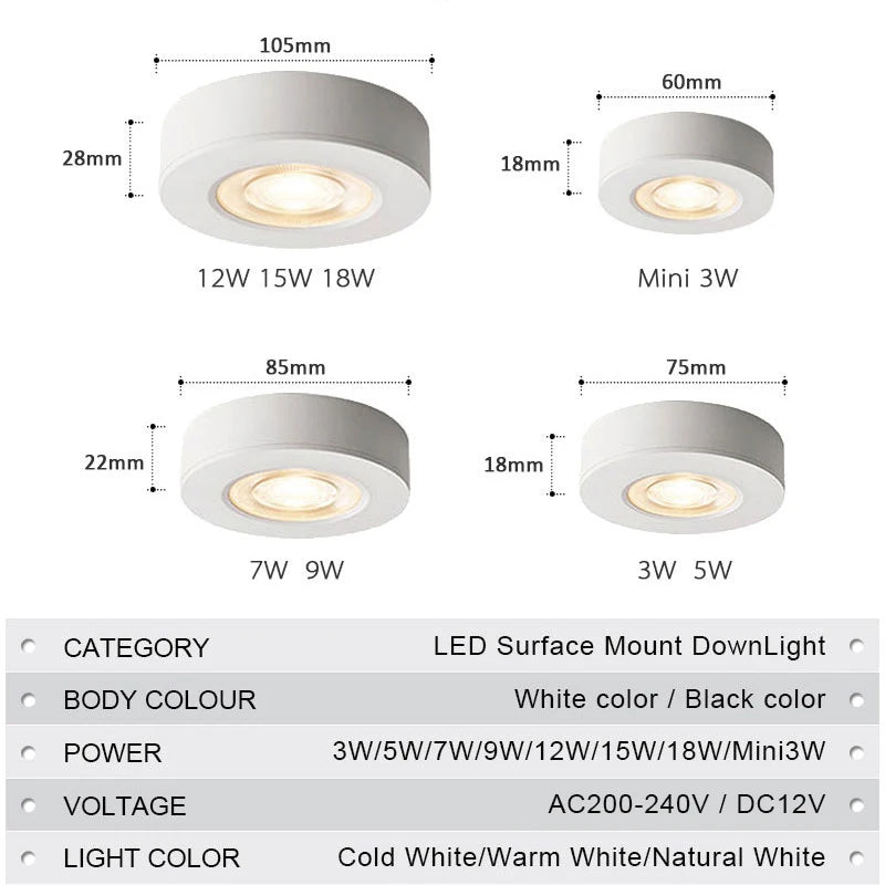 Downlight LED Cuisine en Saillie Ultra-Fin, Noir ou Blanc, 3 à 18 W