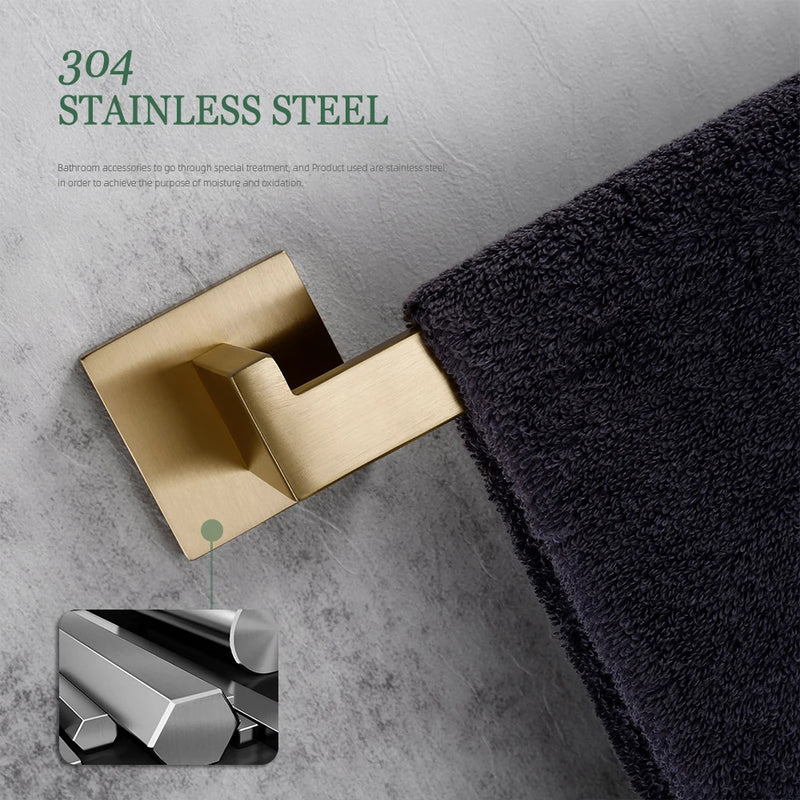 Accessoires Salle de Bain Doré Brossé Carré Inox 304 à la Pièce, 22 Articles
