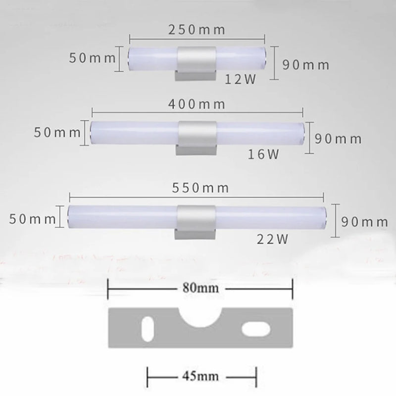 Applique Miroir Salle de Bain LED Tube ou Barre, 25 à 55 cm