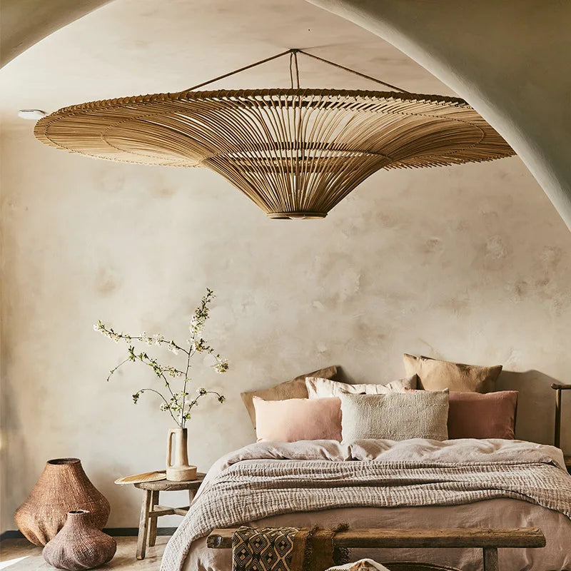 Suspension Cuisine Rotin Chapeau de Paille Wabi-Sabi, Ø 60 à 120 cm