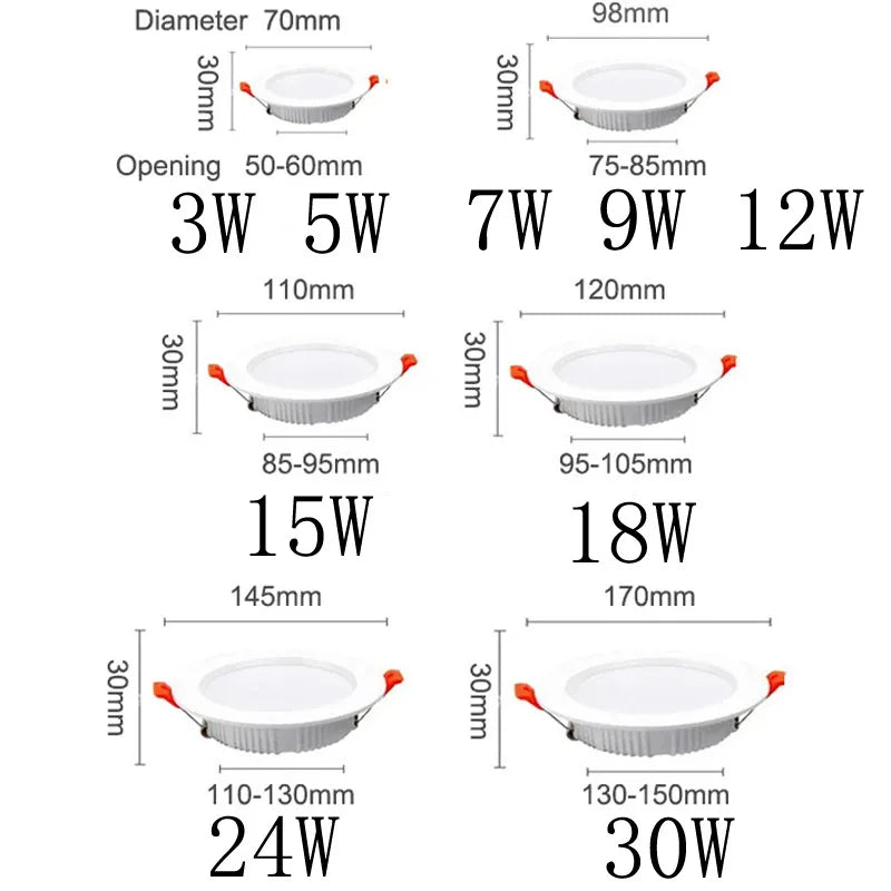 Spot LED Encastrable Plat Rond Noir ou Blanc, 3 à 30 W
