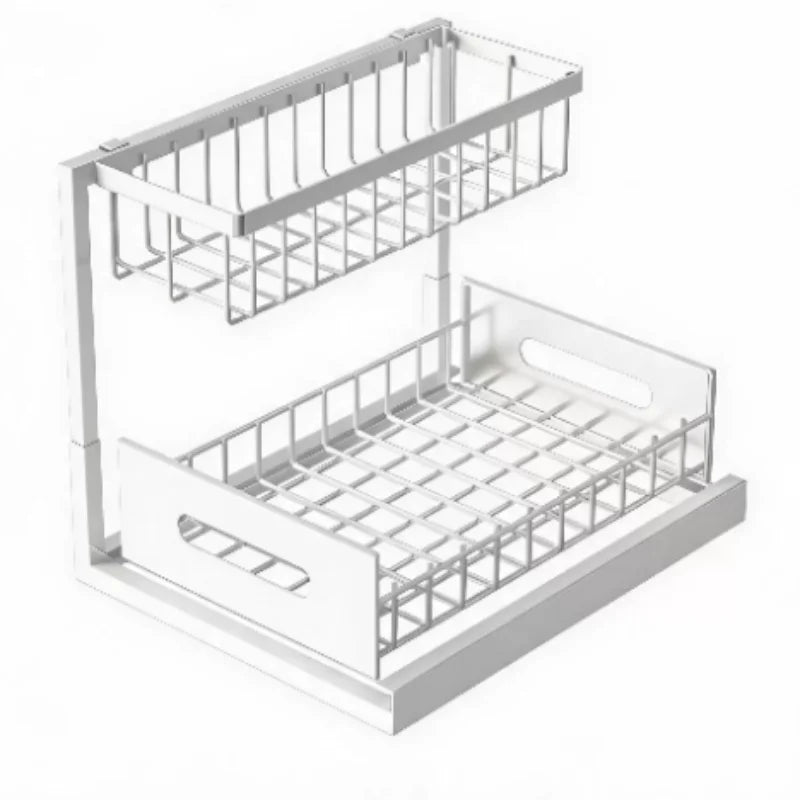 Rangement Sous Évier Coulissant Blanc 2 Niveaux, Panier à Sortir en Acier
