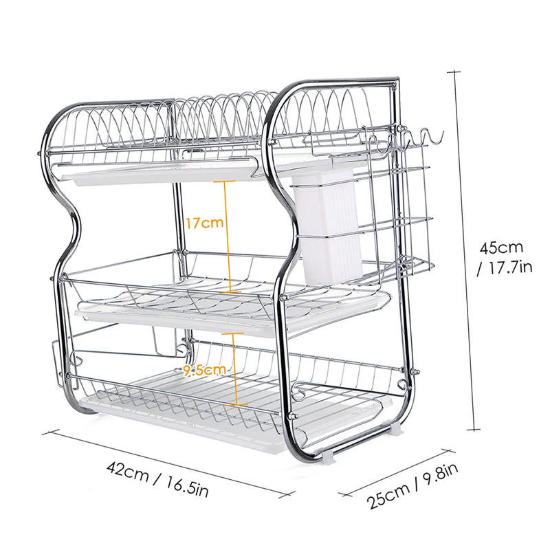 Égouttoir à Vaisselle 3 Niveaux Chromé, Porte-Couverts et Support Planche, 42 cm