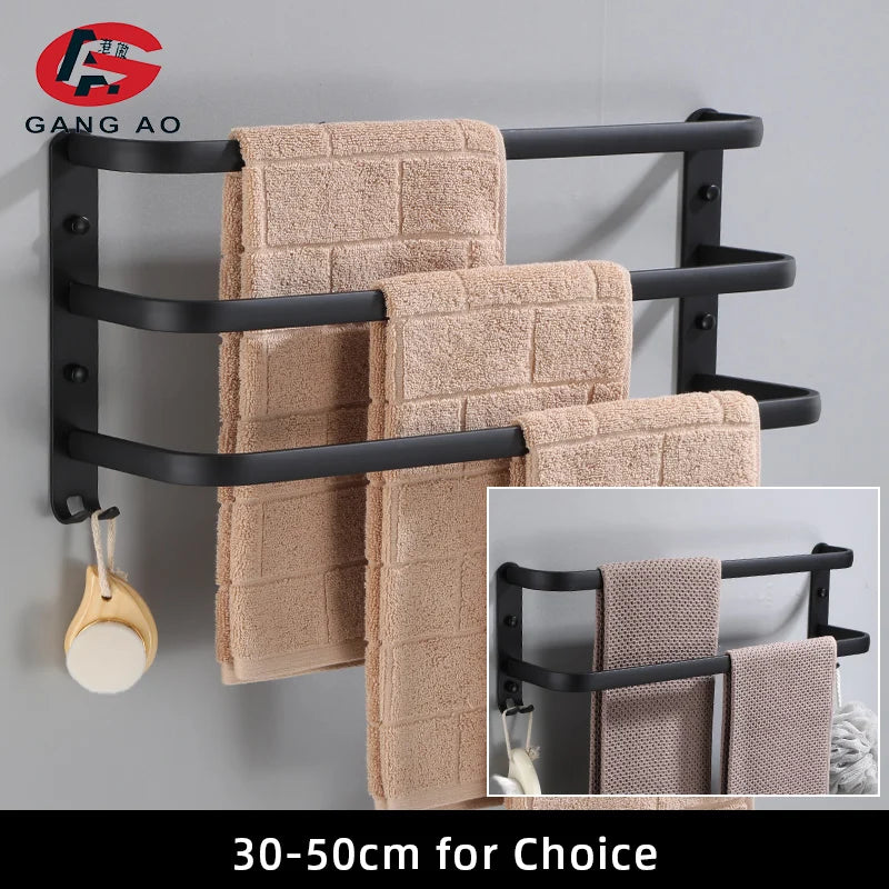Porte-Serviettes Mural Aluminium Noir Autocollant 1 à 3 Barres 50 cm