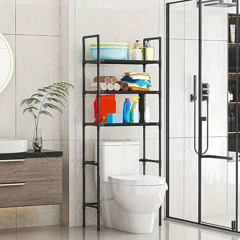 Étagère Dessus WC sur Pied Noir ou Blanc, 3 Plateaux, 155 cm