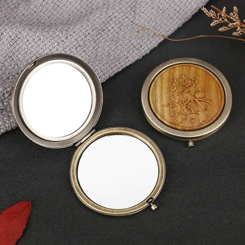 Miroir de Poche Rond en Bois Sculpté, Style Vintage, 5 Motifs