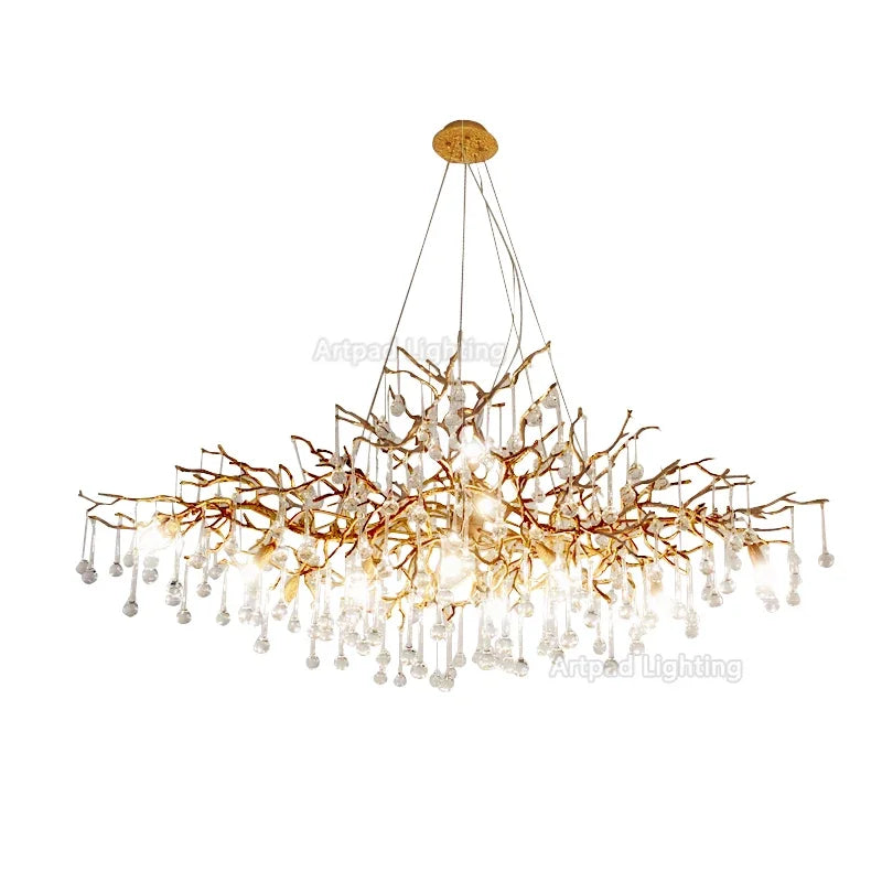 Lustre Suspension Cuisine Branches et Gouttes de Cristal, Doré ou Argenté, 100 à 150 cm