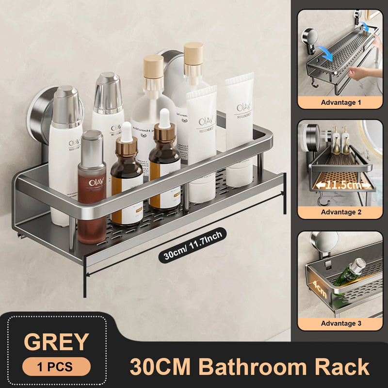 Étagère Salle de Bain à Ventouse Aluminium Gris, 30 à 50 cm