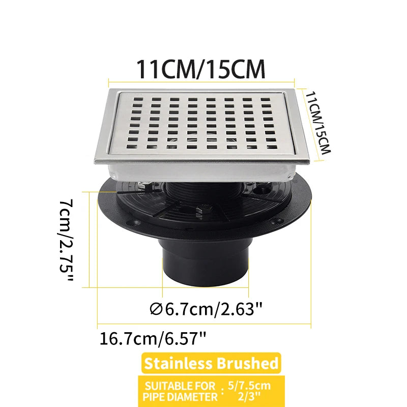 Caniveau de Douche Carré Anti-Odeur Inox 304, Grille 11 ou 15 cm