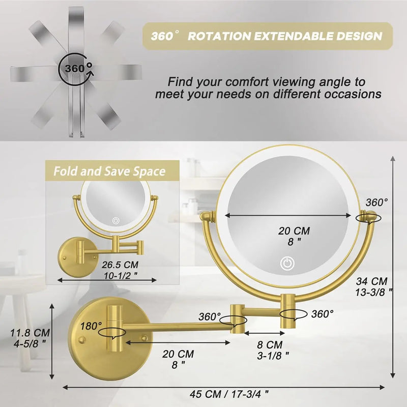 Miroir Grossissant LED Tactile Rechargeable Mural Double Bras 5X 10X