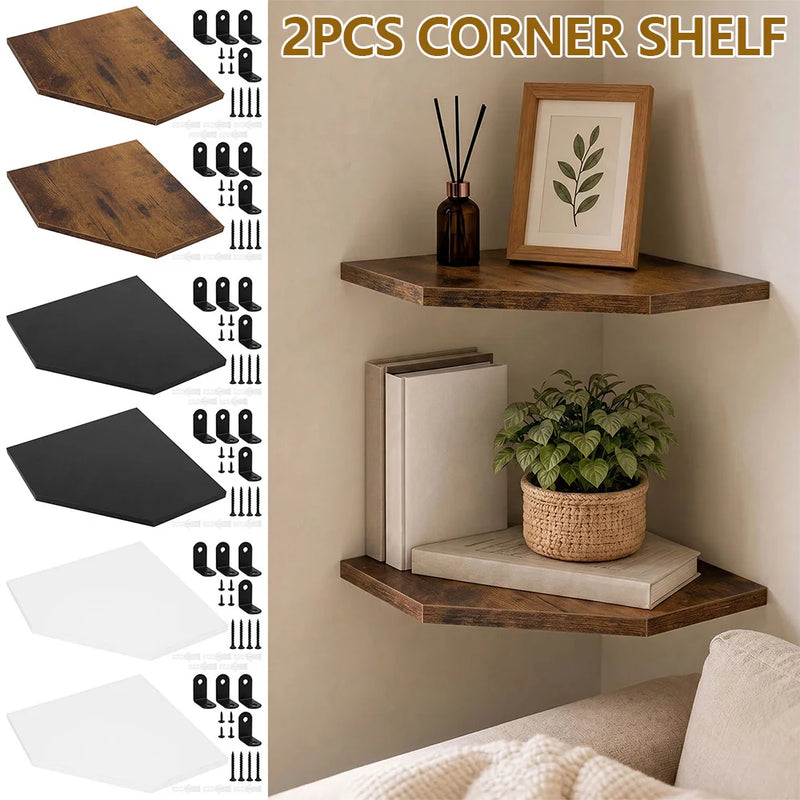 Lot de 2 Étagères d'Angle Murales en Bois, Blanc, Noir ou Marron, 25 cm