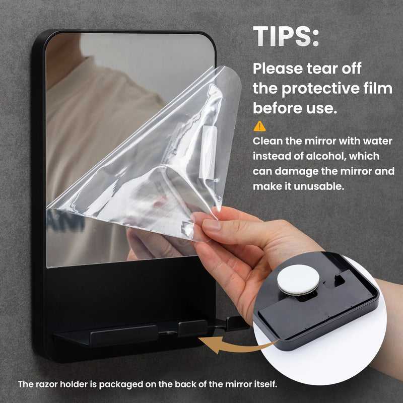 Miroir de Douche Anti-Buée Noir avec Support Rasoir, Sans Perçage à Ventouse