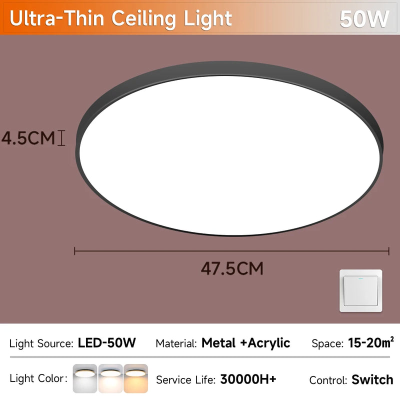 Plafonnier Cuisine LED Rond Grain de Bois Ultra-Plat, 18 à 50 W, 4 Finitions