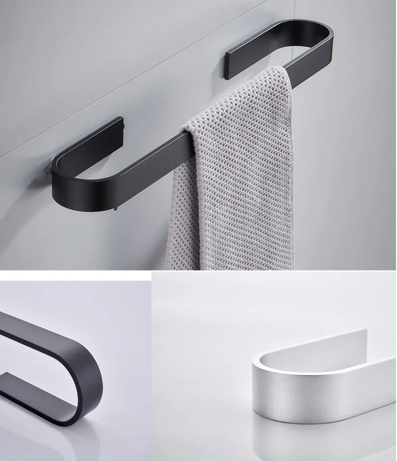Porte-Serviette Adhésif Aluminium Argent ou Noir, 25 à 55 cm
