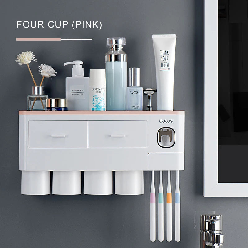 Porte-Brosse Mural Magnétique avec Tiroir et Distributeur de Dentifrice, 2 à 4 Gobelets