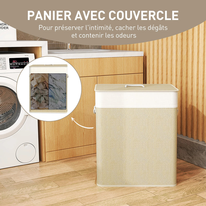 Panier à Linge Double Compartiment Bambou 100 L Crème