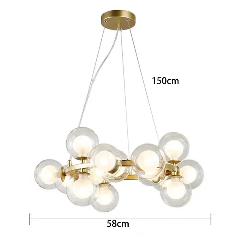 Lustre Suspension Cuisine Bulles de Verre, Cercle Doré, 15 à 25 Globes