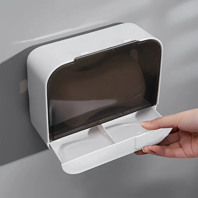 Porte-Savon Mural Sans Perçage à Couvercle Rabattable et Vidange, Blanc