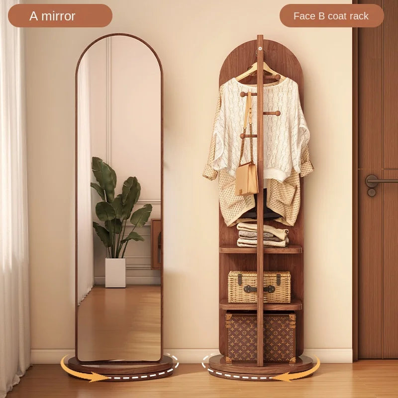 Miroir sur Pied Rotatif avec Porte-Manteau Arqué Bois 168 cm
