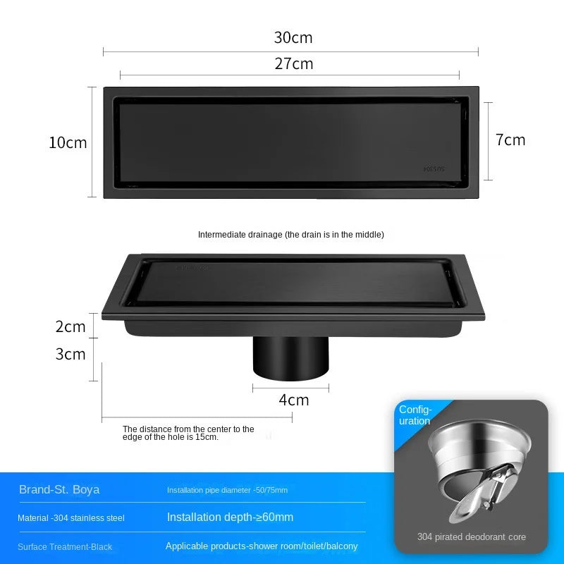 Caniveau de Douche Inox 304 Noir, Doré, Brossé, 20 à 60 cm