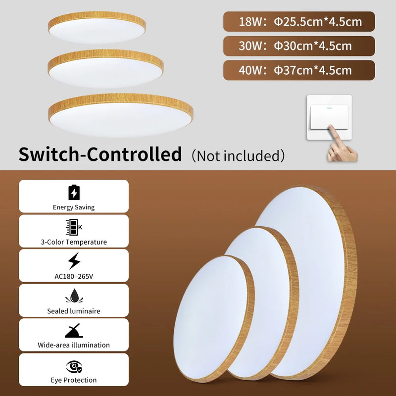 Plafonnier Cuisine LED Rond Grain de Bois Ultra-Plat, 18 à 50 W, 4 Finitions