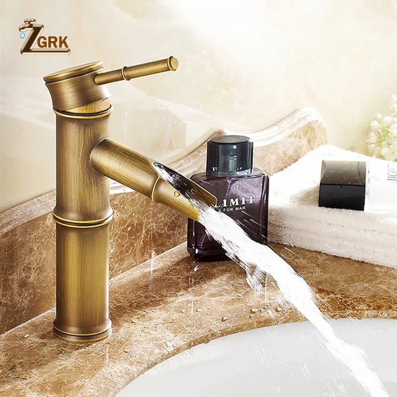 Mitigeur Lavabo Laiton Décor Bambou, 3 Becs, Bas ou Haut