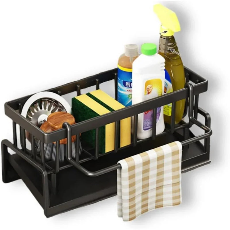 Organisateur d'Évier Acier Carbone Auto-Drainant avec Porte-Serviette