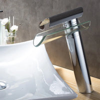 Mitigeur Lavabo Cascade Verre Chromé, Noir ou Nickel, Bec Court ou Haut