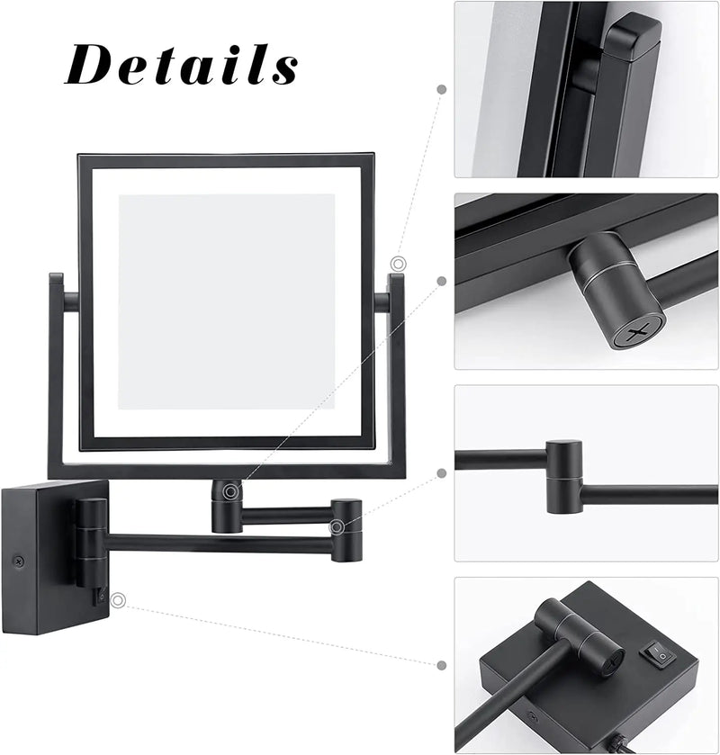 Miroir Grossissant LED Mural Bras Extensible Carré 3X
