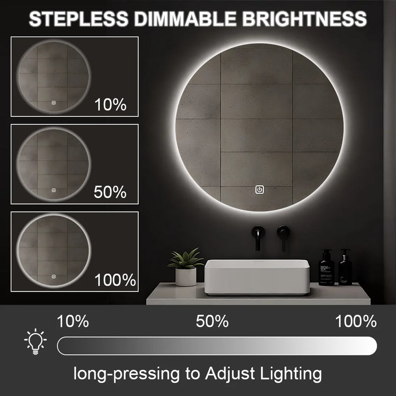 Miroir LED Salle de Bain Rond Tactile 3 Températures