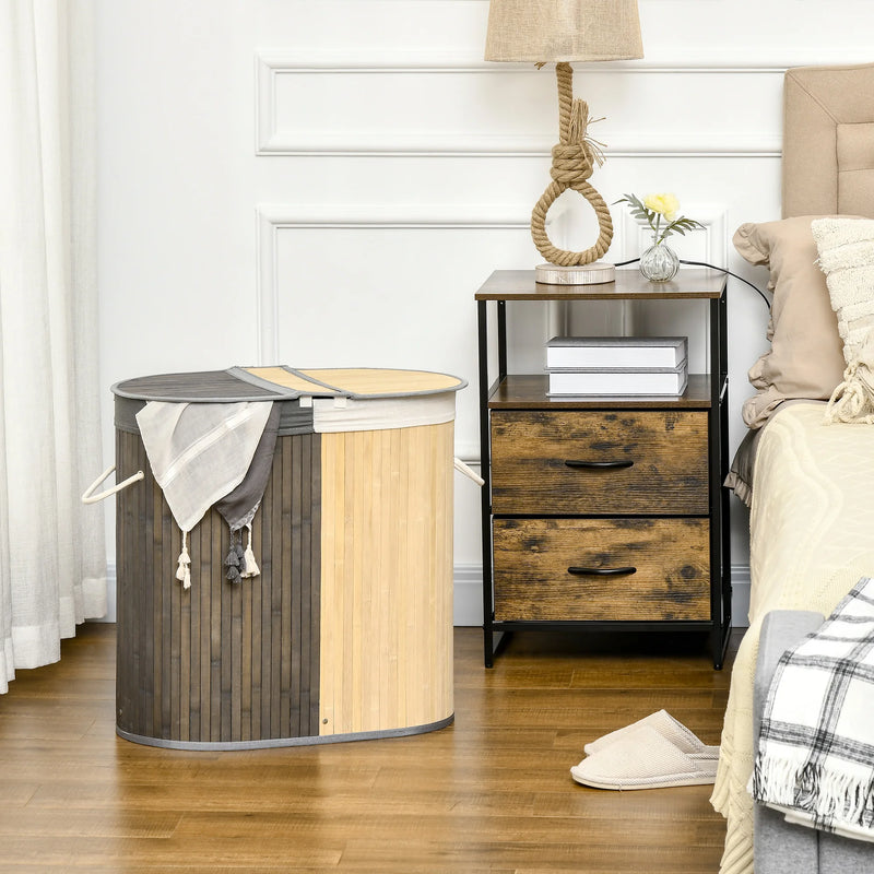 Panier à Linge Bambou 2 Compartiments avec Couvercles, 100 L, Gris et Bois