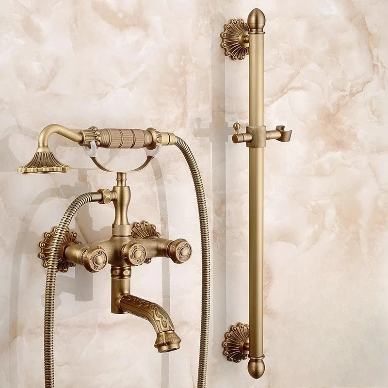 Robinet Baignoire Douche Rétro en Laiton Antique, avec Douchette