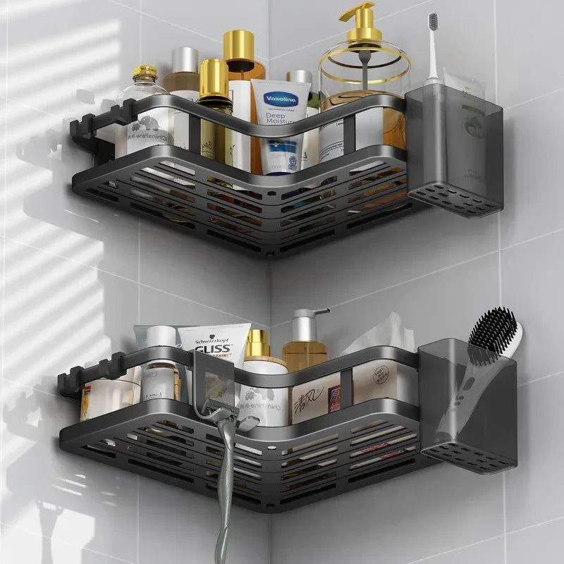 Étagère de Douche d'Angle Sans Perçage Noir ou Blanc, 2 Étagères et Accessoires
